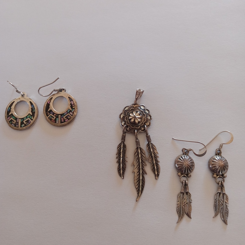 Sterling Silver Dreamcatcher Feather Pendant and Earring Set - Silver